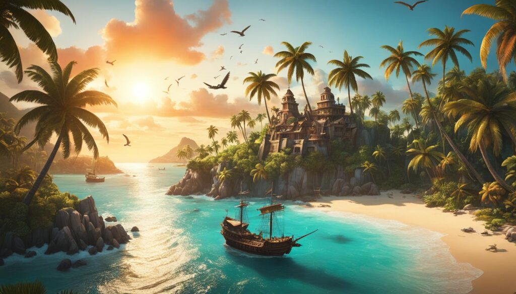 tropical island and pirate ships