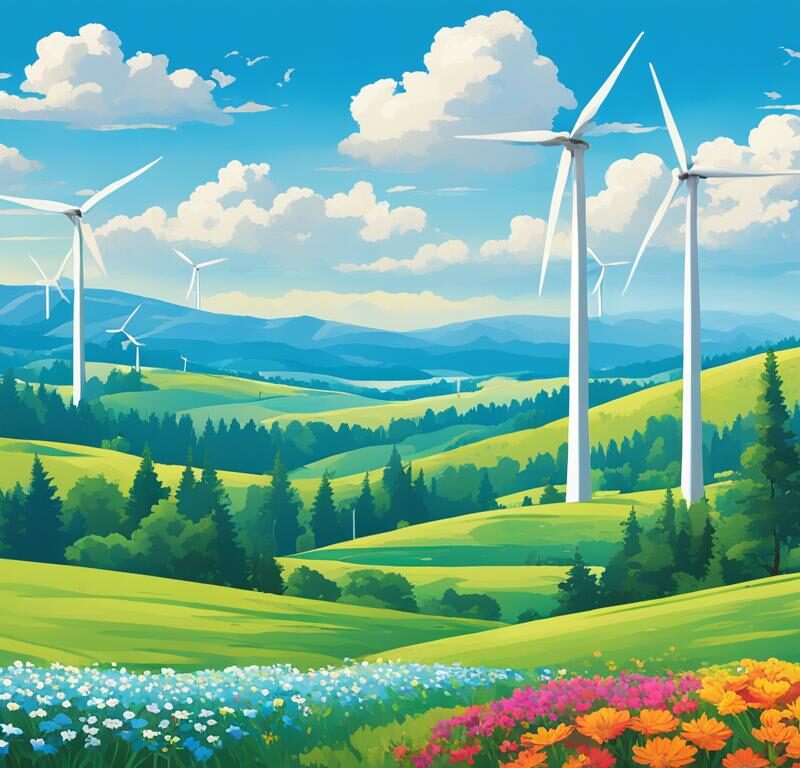 Wind turbines in a green field surrounded by trees.